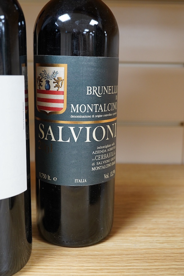 Two bottles of Brunello Di Montalcino Salvioni 2001, two bottles of Brunello Di Montalcino M Colle 2001 and a bottle of Gianni Brunelli Brunello Di Montalcino 2006. Condition - storage unknown
